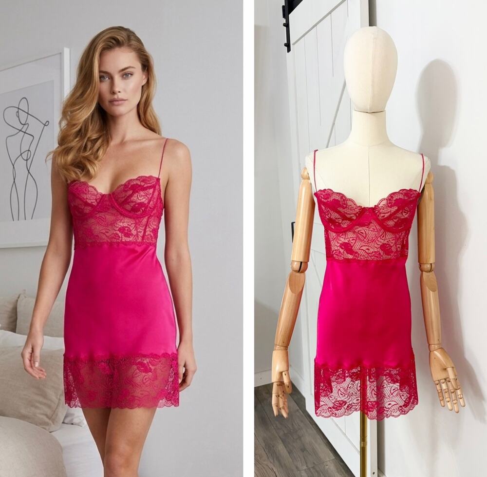 Vintage Victoria's Secret Size 36C Magenta Silk Lace Slip Dress Mesh Wire Cups